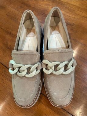 Dolce Vita Beige Suede Loafers with Cream Chain Trim